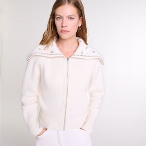 MAJE Embellished Knit Cardigan - Size 2 (Ecru)